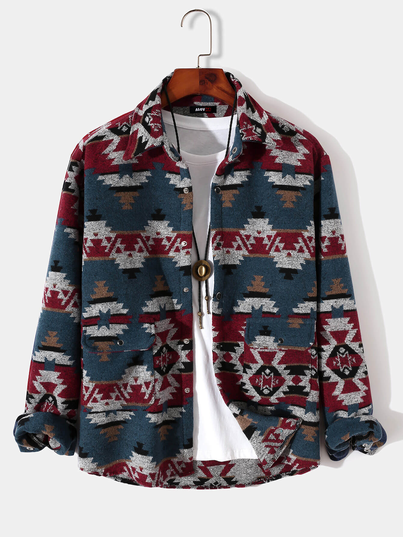 Mens Aztec Flannel Long Sleeve Button Up Overshirt