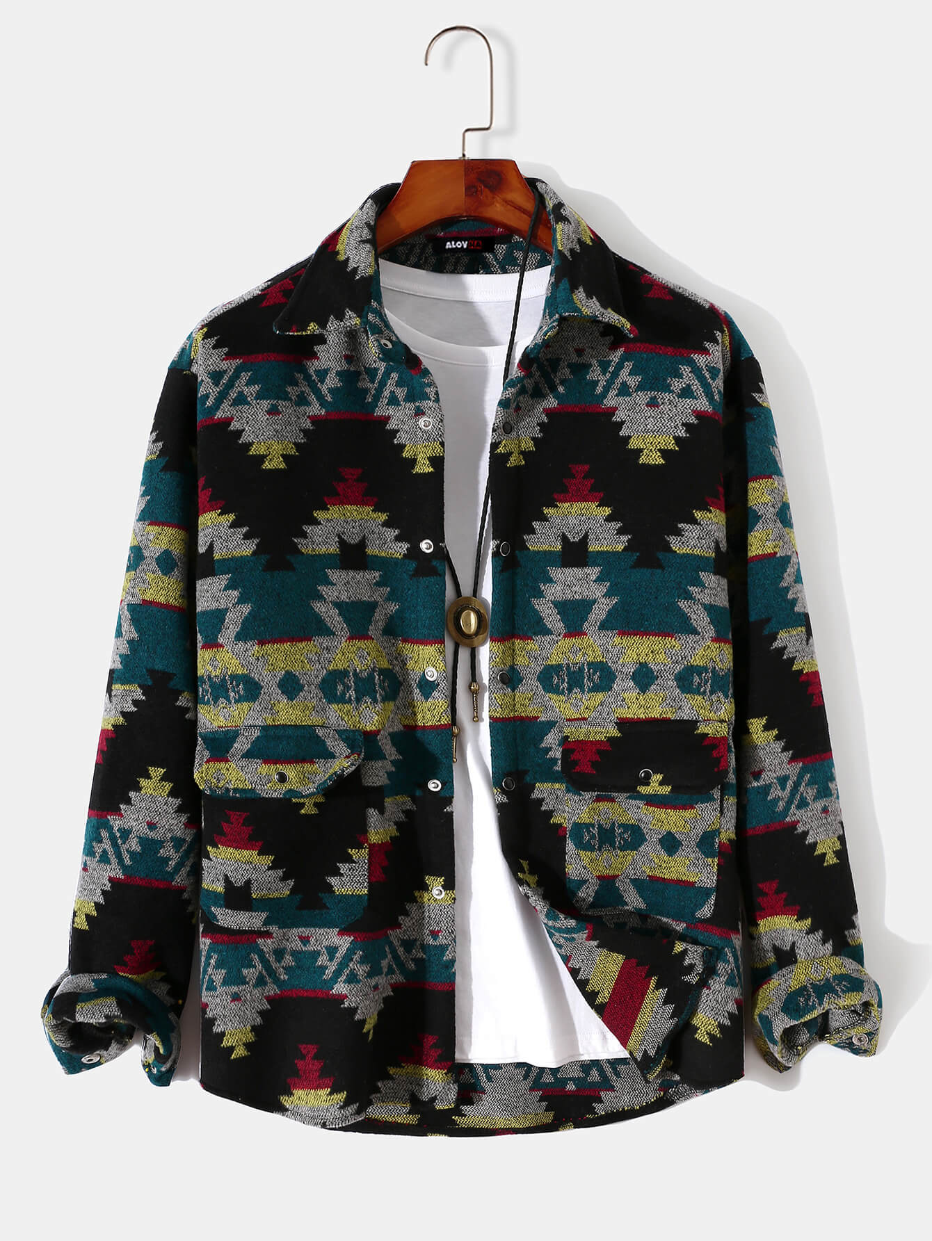 Mens Aztec Flannel Long Sleeve Button Up Overshirt